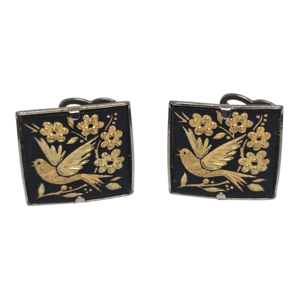 DOMASCENE Elegant Black and Gold Bird Flowers Clip On Earrings